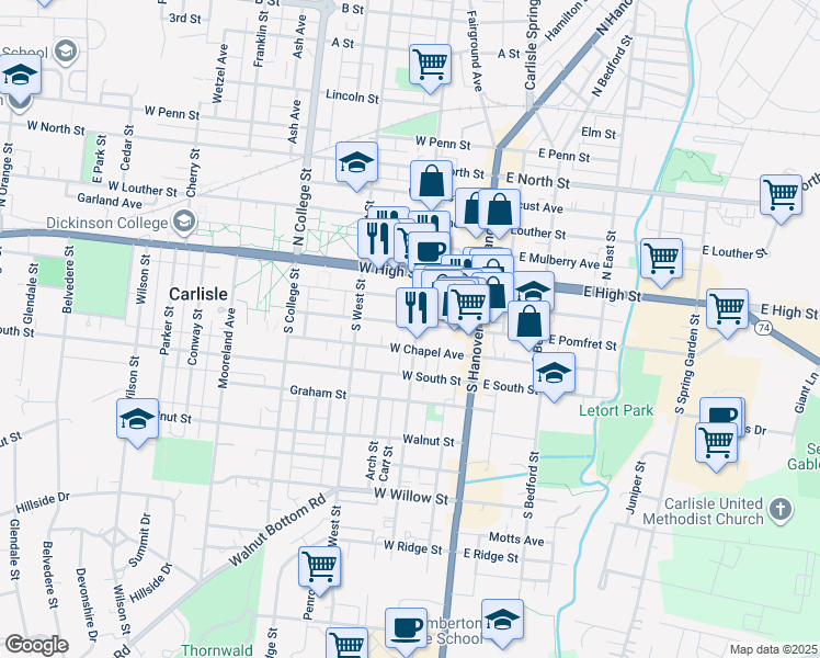 map of restaurants, bars, coffee shops, grocery stores, and more near 106 West Pomfret Street in Carlisle