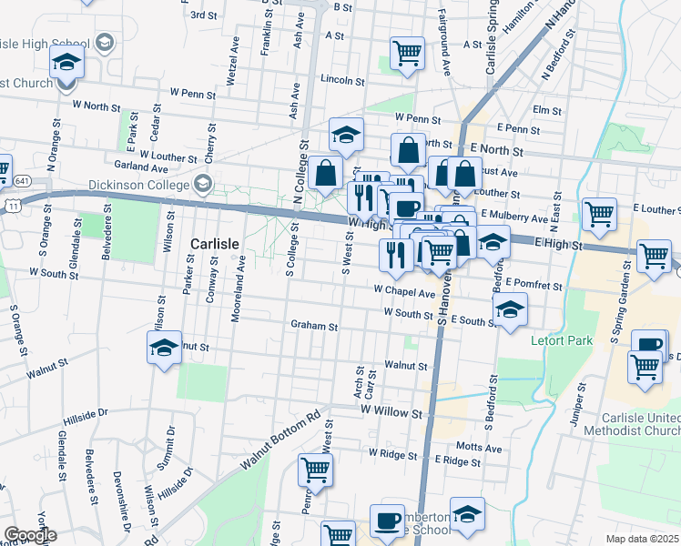 map of restaurants, bars, coffee shops, grocery stores, and more near 112 South West Street in Carlisle