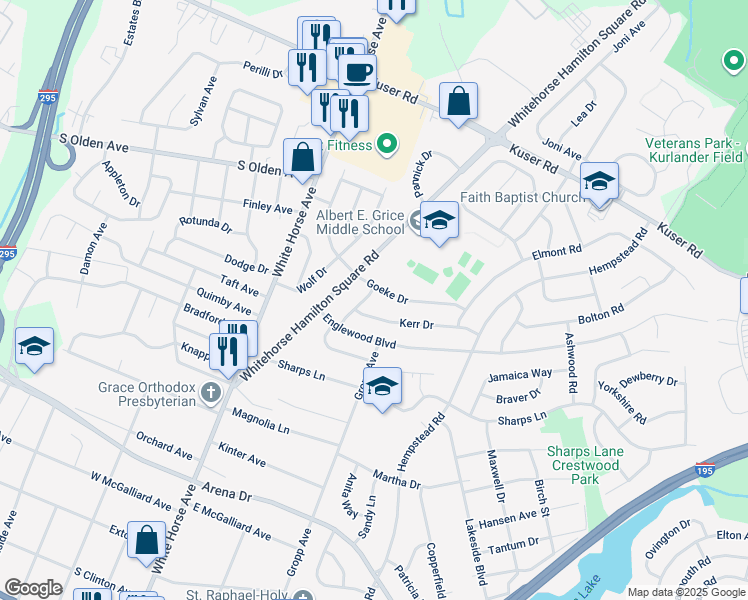 map of restaurants, bars, coffee shops, grocery stores, and more near 13 Alpha Road in Hamilton Township