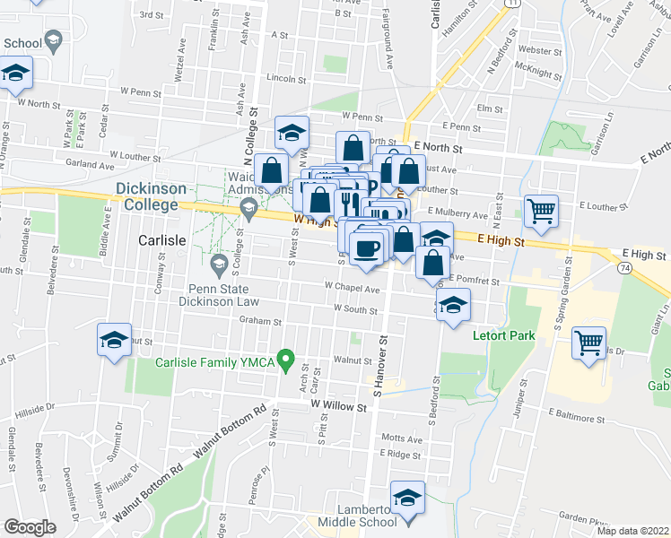 map of restaurants, bars, coffee shops, grocery stores, and more near 106 West Pomfret Street in Carlisle