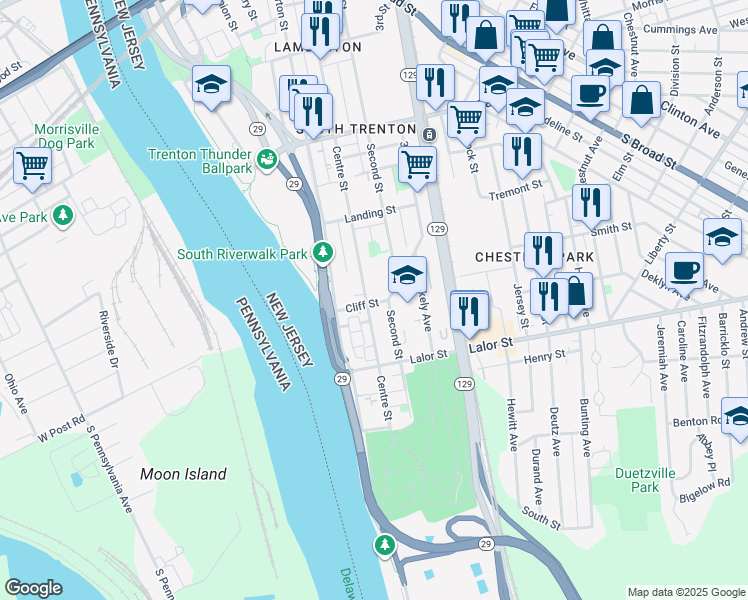 map of restaurants, bars, coffee shops, grocery stores, and more near 700 Centre Street in Trenton