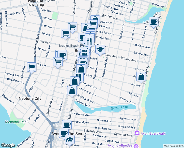 map of restaurants, bars, coffee shops, grocery stores, and more near 604 3rd Avenue in Bradley Beach
