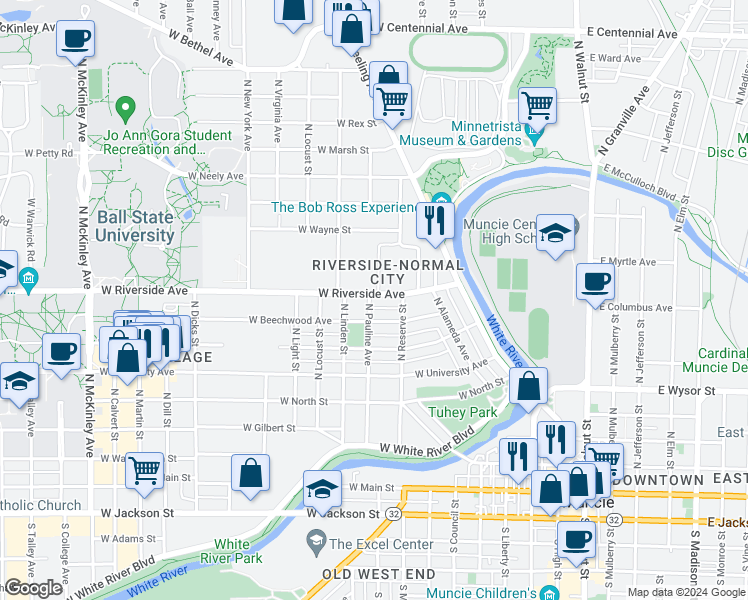 map of restaurants, bars, coffee shops, grocery stores, and more near 827 West Riverside Avenue in Muncie