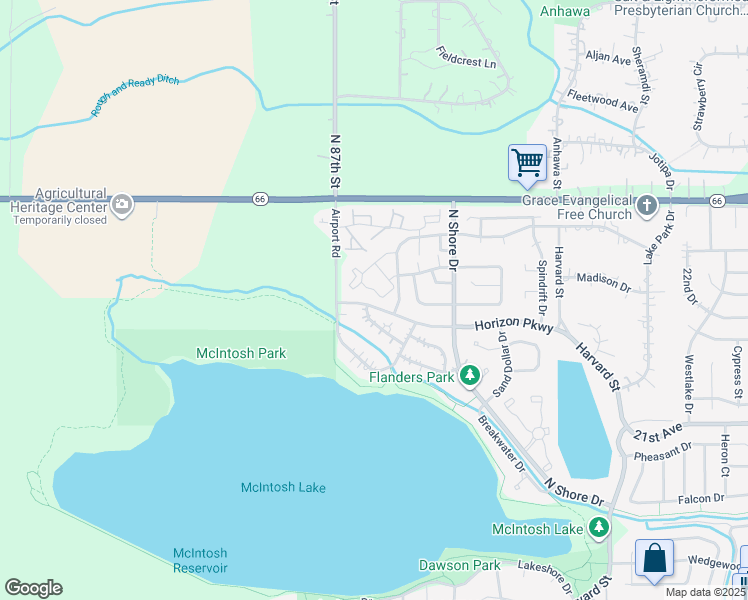 map of restaurants, bars, coffee shops, grocery stores, and more near 3216 Lake Park Way in Longmont