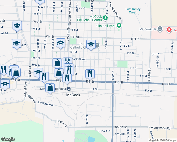 map of restaurants, bars, coffee shops, grocery stores, and more near 301-399 E 3rd St in McCook