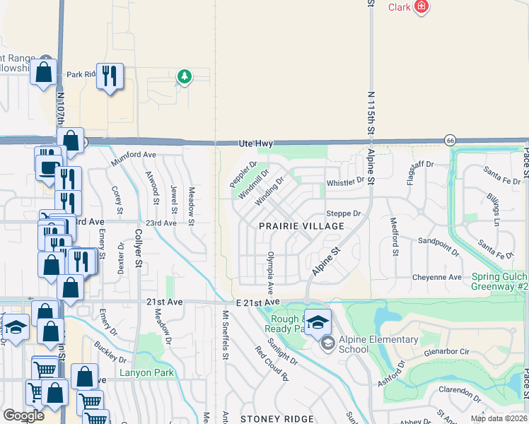 map of restaurants, bars, coffee shops, grocery stores, and more near 2249 Whistler Drive in Longmont