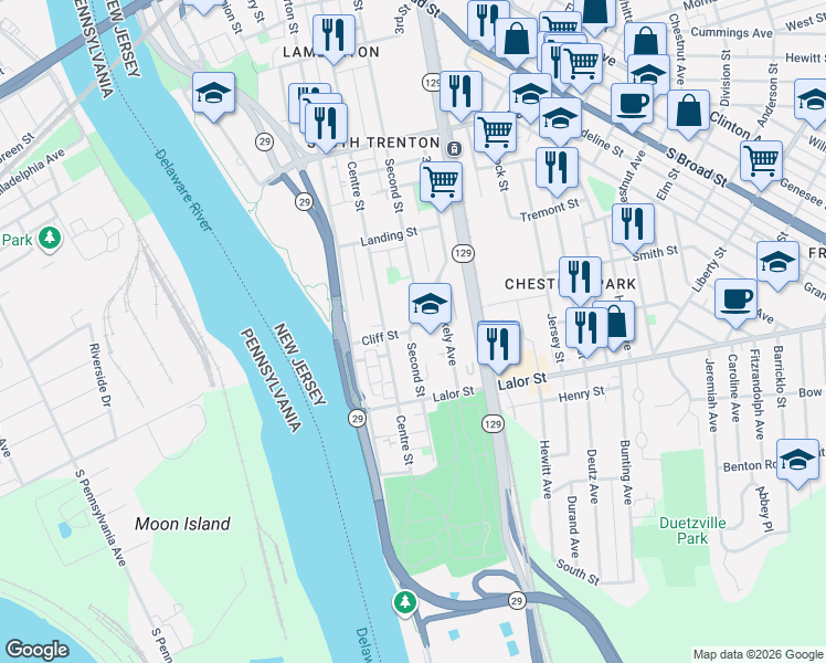 map of restaurants, bars, coffee shops, grocery stores, and more near 710 Second Street in Trenton