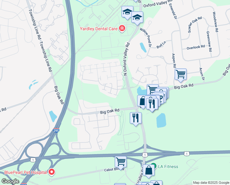 map of restaurants, bars, coffee shops, grocery stores, and more near 167 Tyler Way in Yardley