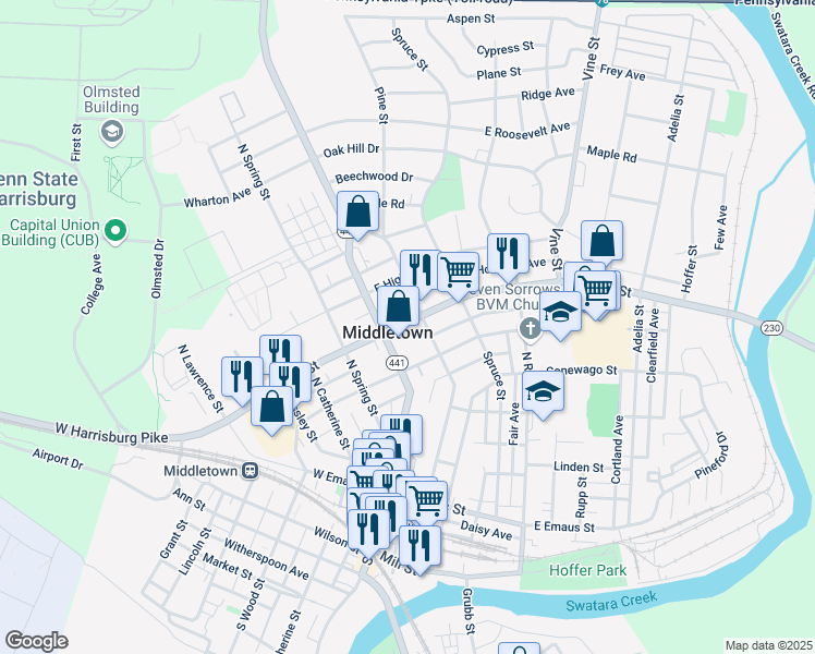 map of restaurants, bars, coffee shops, grocery stores, and more near in Middletown