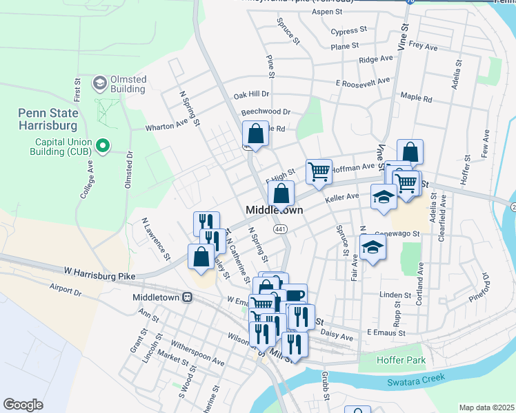 map of restaurants, bars, coffee shops, grocery stores, and more near 3 West Main Street in Middletown