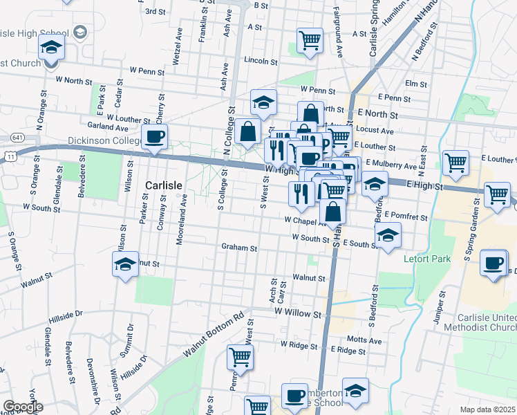 map of restaurants, bars, coffee shops, grocery stores, and more near 112 South West Street in Carlisle