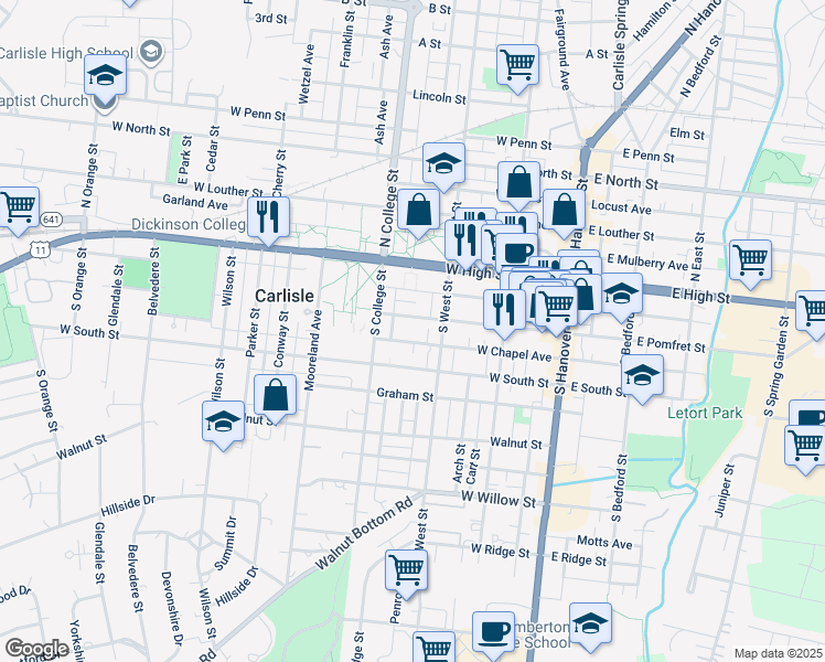 map of restaurants, bars, coffee shops, grocery stores, and more near 260 West Pomfret Street in Carlisle