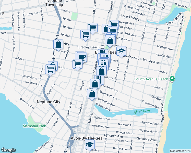 map of restaurants, bars, coffee shops, grocery stores, and more near 709 3rd Avenue in Bradley Beach