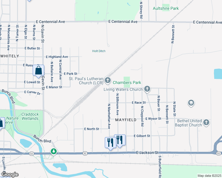 map of restaurants, bars, coffee shops, grocery stores, and more near 724 North Manhattan Avenue in Muncie