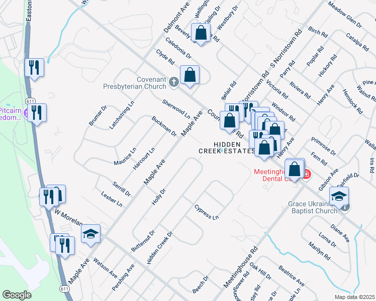 map of restaurants, bars, coffee shops, grocery stores, and more near 18 Holly Dr in Hatboro