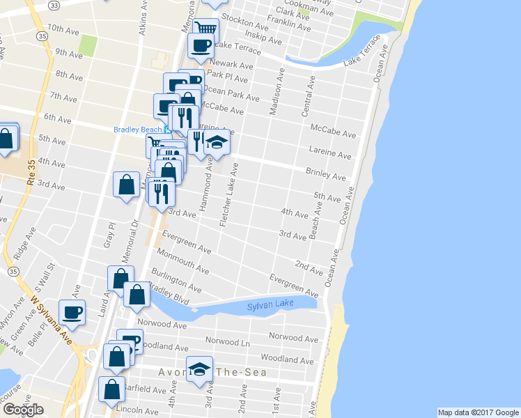 map of restaurants, bars, coffee shops, grocery stores, and more near 315 4th Avenue in Bradley Beach
