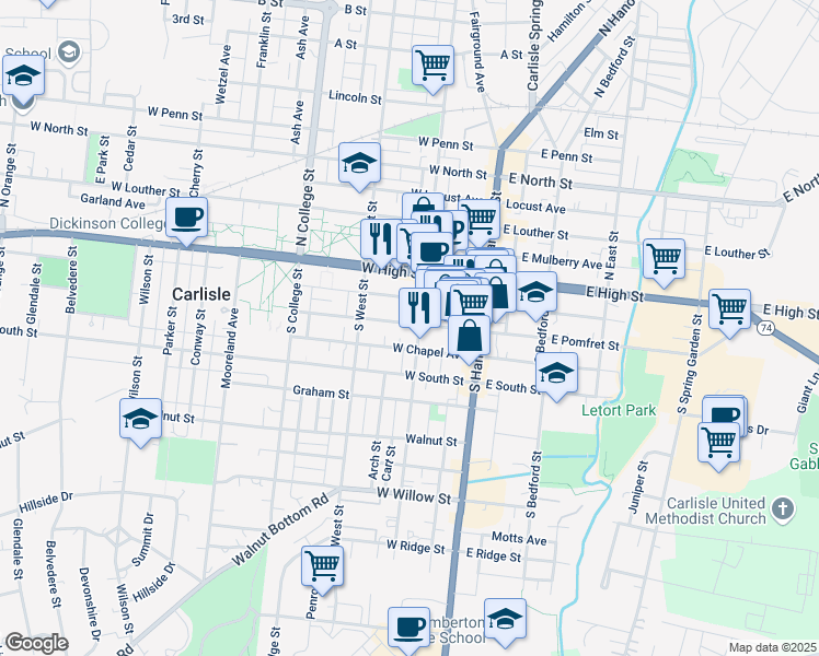 map of restaurants, bars, coffee shops, grocery stores, and more near 110 West Pomfret Street in Carlisle