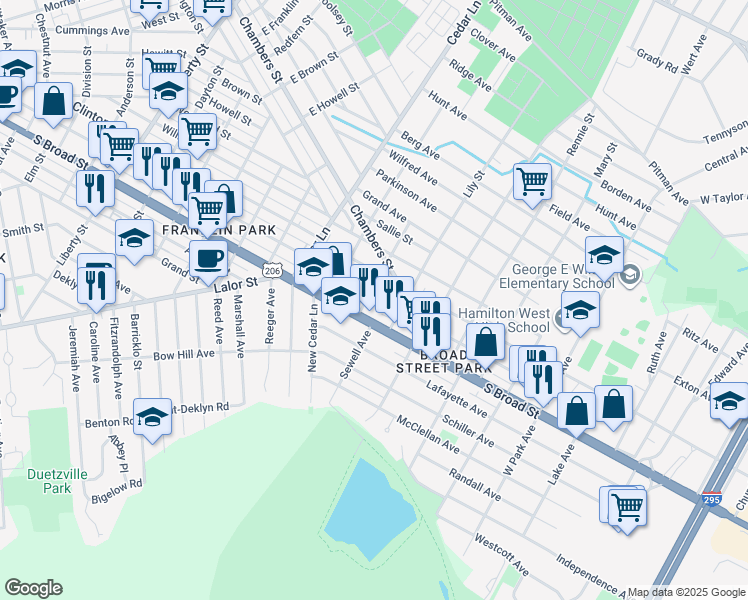 map of restaurants, bars, coffee shops, grocery stores, and more near 1607 Genesee Street in Hamilton Township
