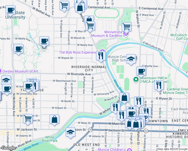 map of restaurants, bars, coffee shops, grocery stores, and more near 613 West Riverside Avenue in Muncie
