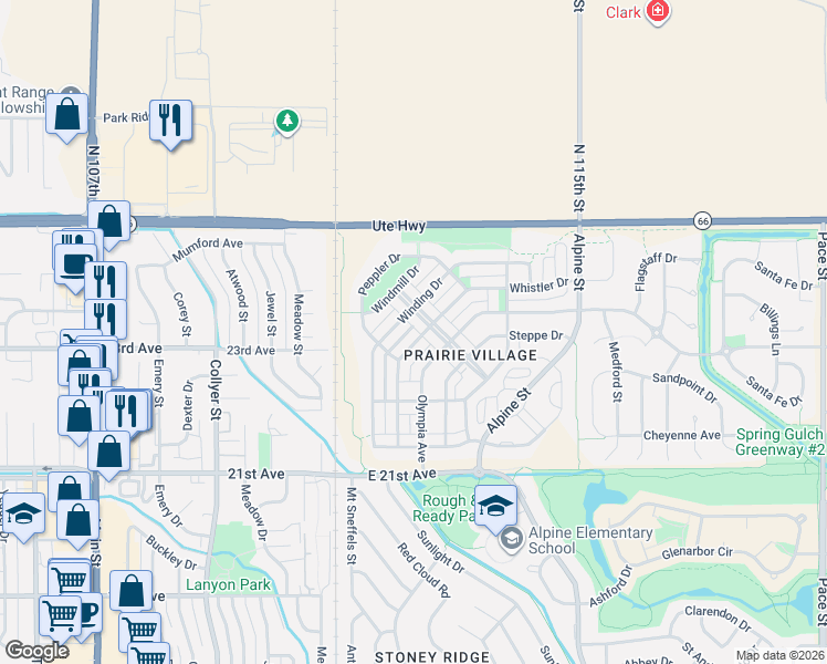 map of restaurants, bars, coffee shops, grocery stores, and more near 2249 Whistler Drive in Longmont