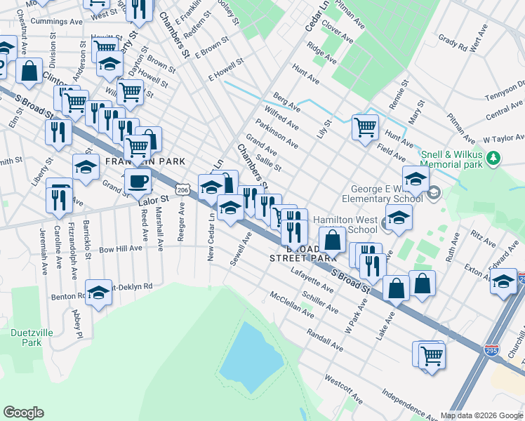 map of restaurants, bars, coffee shops, grocery stores, and more near 1607 Genesee Street in Hamilton Township
