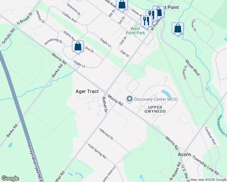 map of restaurants, bars, coffee shops, grocery stores, and more near 1997 West Point Pike in Lansdale