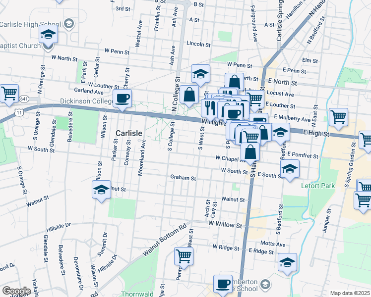 map of restaurants, bars, coffee shops, grocery stores, and more near 244 West Pomfret Street in Carlisle