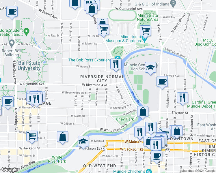 map of restaurants, bars, coffee shops, grocery stores, and more near 709 West Riverside Avenue in Muncie