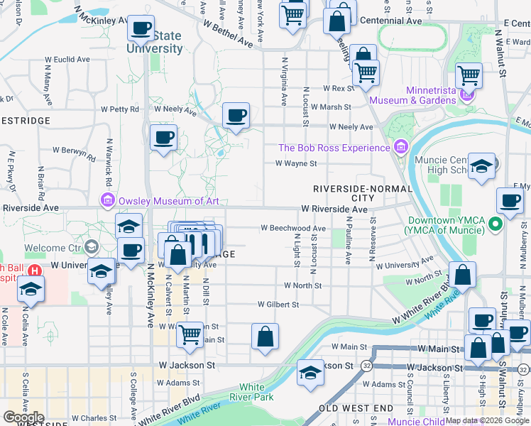 map of restaurants, bars, coffee shops, grocery stores, and more near 1225 West Riverside Avenue in Muncie