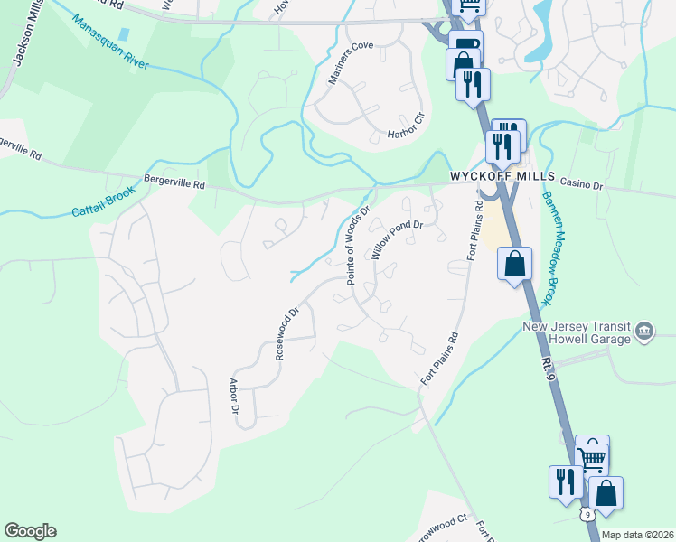 map of restaurants, bars, coffee shops, grocery stores, and more near 311 Balsam Court in Howell Township