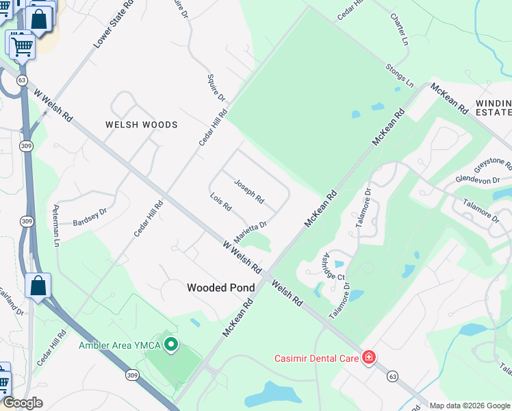 map of restaurants, bars, coffee shops, grocery stores, and more near 1215 Joseph Road in Ambler