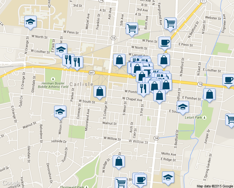 map of restaurants, bars, coffee shops, grocery stores, and more near 244 West Pomfret Street in Carlisle