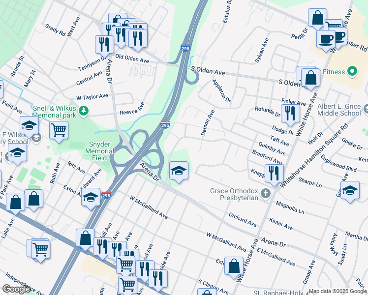 map of restaurants, bars, coffee shops, grocery stores, and more near 21 Bradford Avenue in Hamilton Township