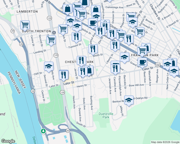 map of restaurants, bars, coffee shops, grocery stores, and more near 529 Home Avenue in Trenton