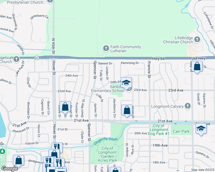 map of restaurants, bars, coffee shops, grocery stores, and more near 1813 24th Avenue in Longmont