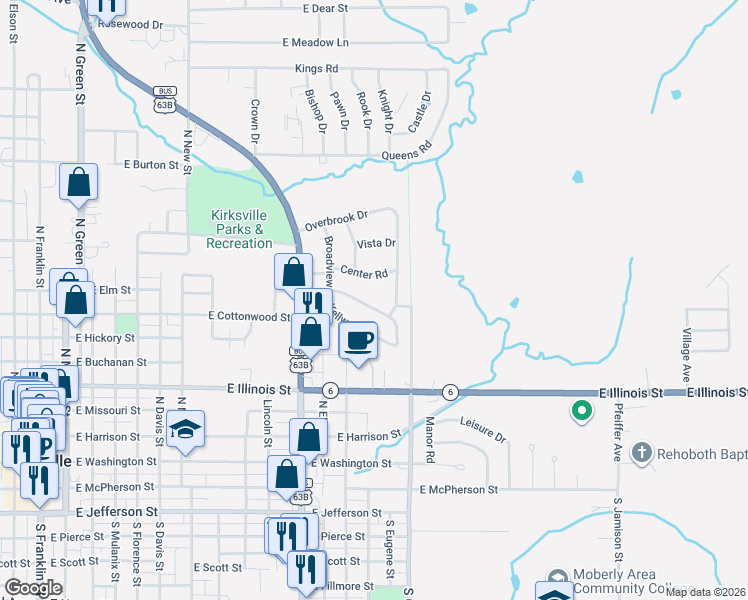 map of restaurants, bars, coffee shops, grocery stores, and more near 43 Kellwood Drive in Kirksville