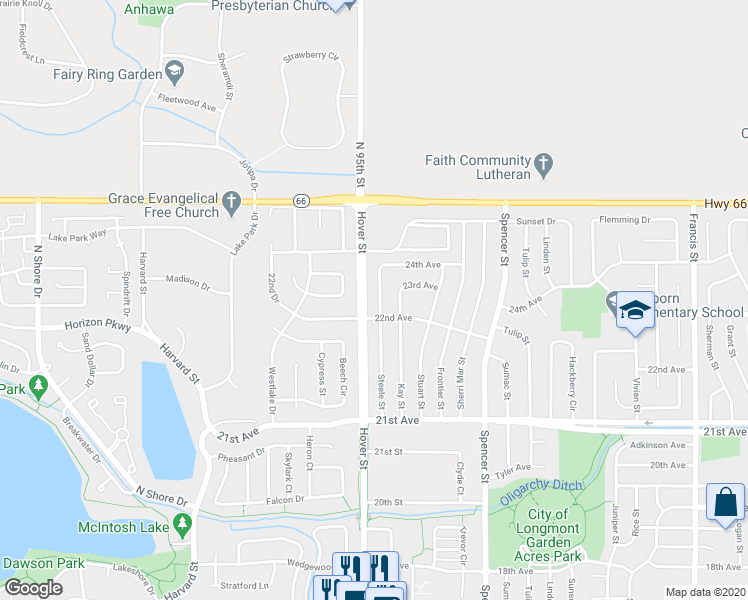 map of restaurants, bars, coffee shops, grocery stores, and more near 2219 Steele Street in Longmont