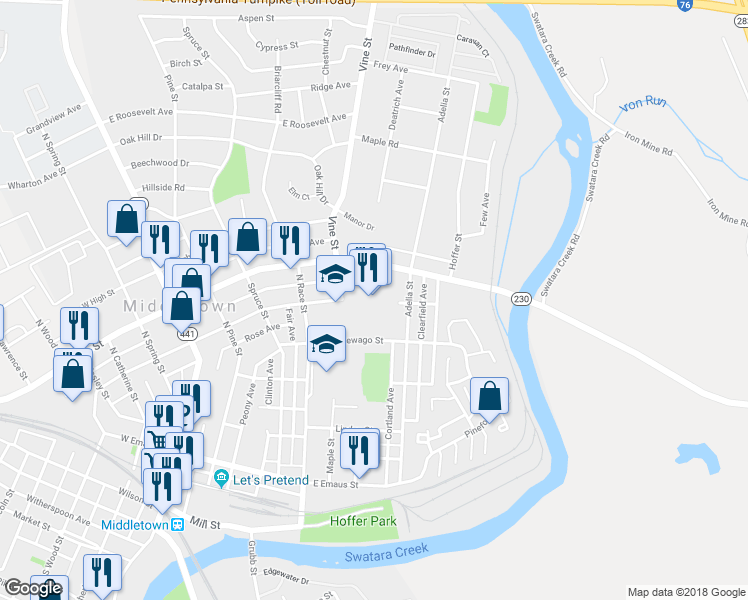 map of restaurants, bars, coffee shops, grocery stores, and more near 450 East Main Street in Middletown