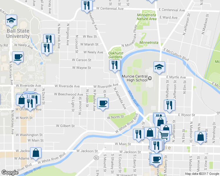 map of restaurants, bars, coffee shops, grocery stores, and more near 613 West Riverside Avenue in Muncie