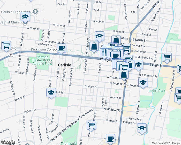 map of restaurants, bars, coffee shops, grocery stores, and more near 256 West Pomfret Street in Carlisle