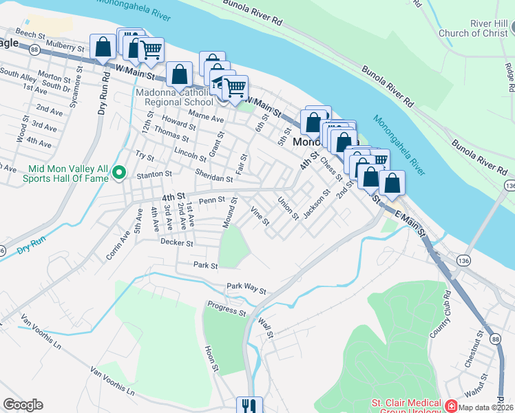 map of restaurants, bars, coffee shops, grocery stores, and more near 310 Anton Street in Monongahela