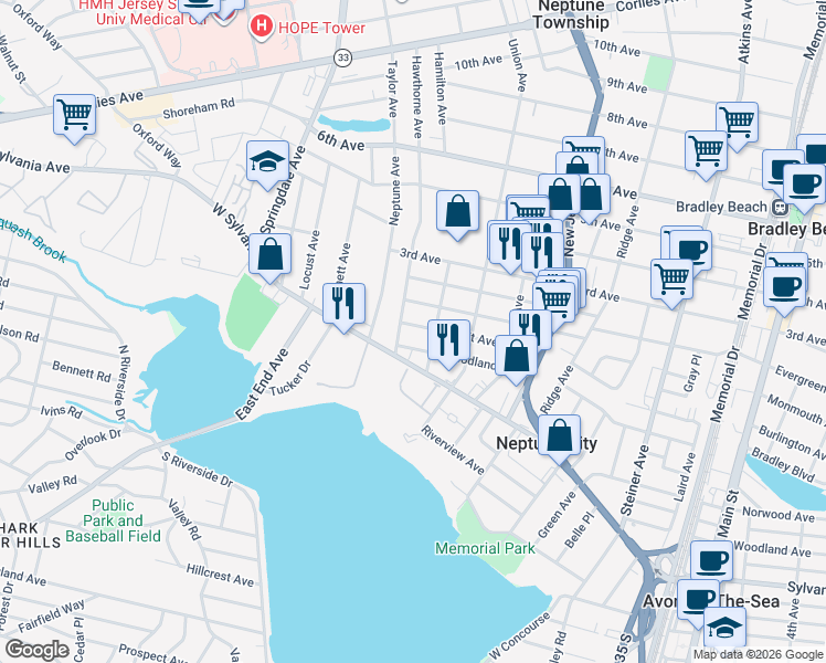 map of restaurants, bars, coffee shops, grocery stores, and more near 65 Avondale Avenue in Neptune City