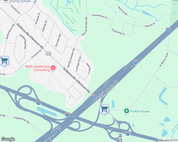 map of restaurants, bars, coffee shops, grocery stores, and more near 9 Saxony Lane in Robbinsville Township