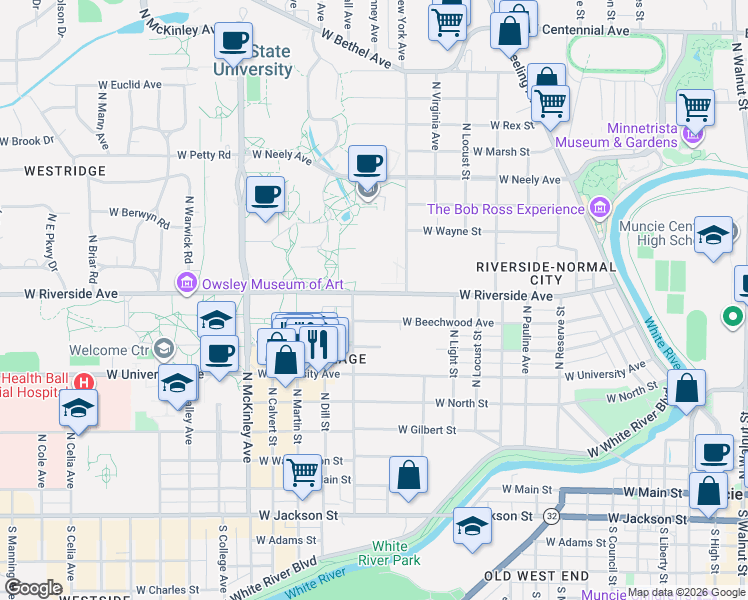 map of restaurants, bars, coffee shops, grocery stores, and more near 1407 West Riverside Avenue in Muncie