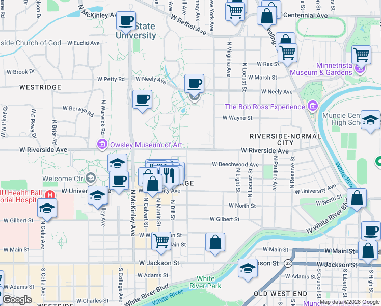 map of restaurants, bars, coffee shops, grocery stores, and more near 1407 W Riverside Ave in Muncie
