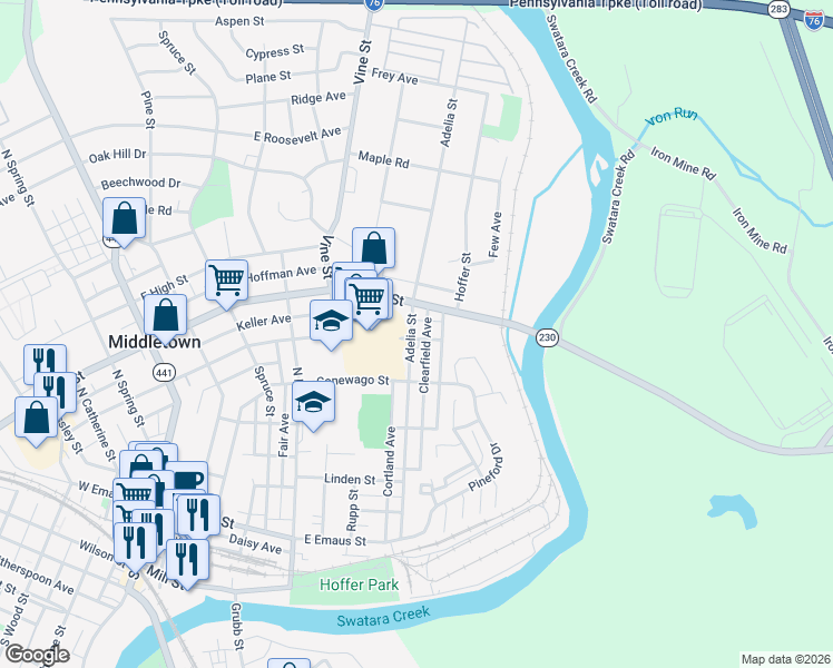 map of restaurants, bars, coffee shops, grocery stores, and more near 300 Adelia Street in Middletown