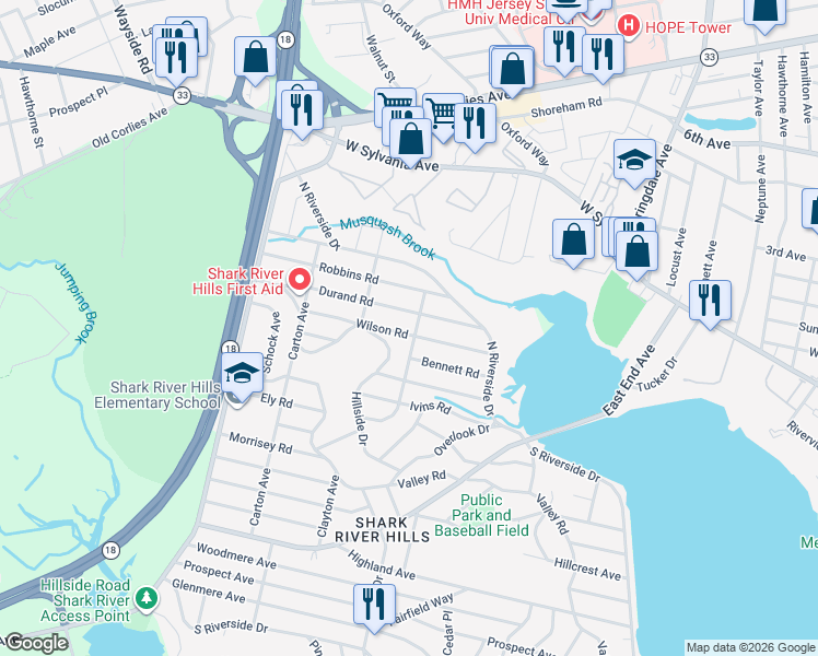 map of restaurants, bars, coffee shops, grocery stores, and more near 107 Pittenger Place in Neptune City