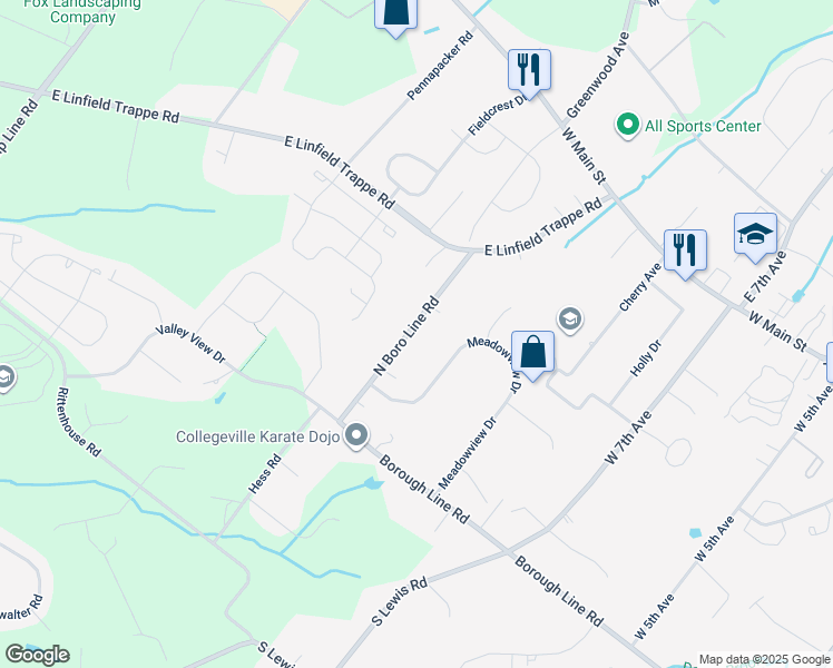 map of restaurants, bars, coffee shops, grocery stores, and more near 36 North Boro Line Road in Collegeville