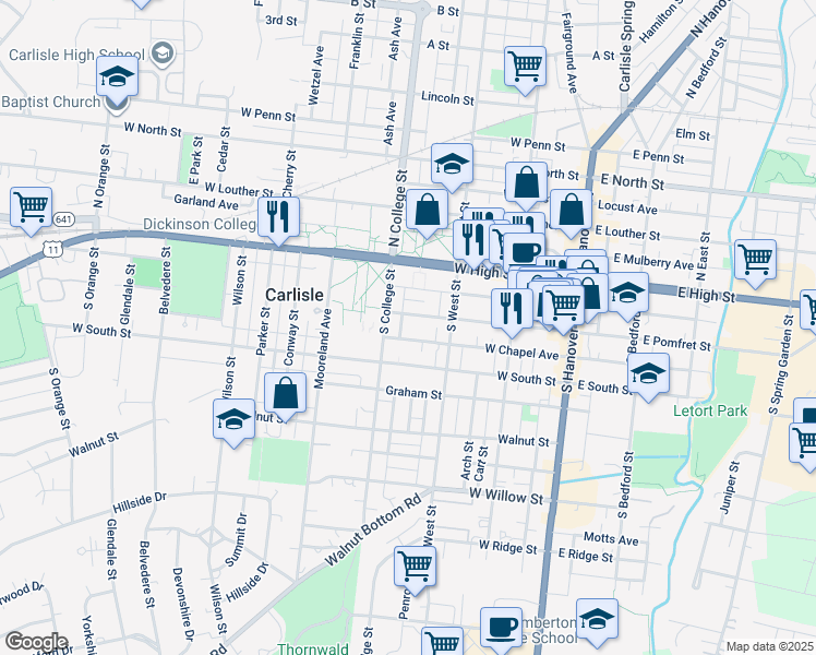 map of restaurants, bars, coffee shops, grocery stores, and more near 262 West Pomfret Street in Carlisle
