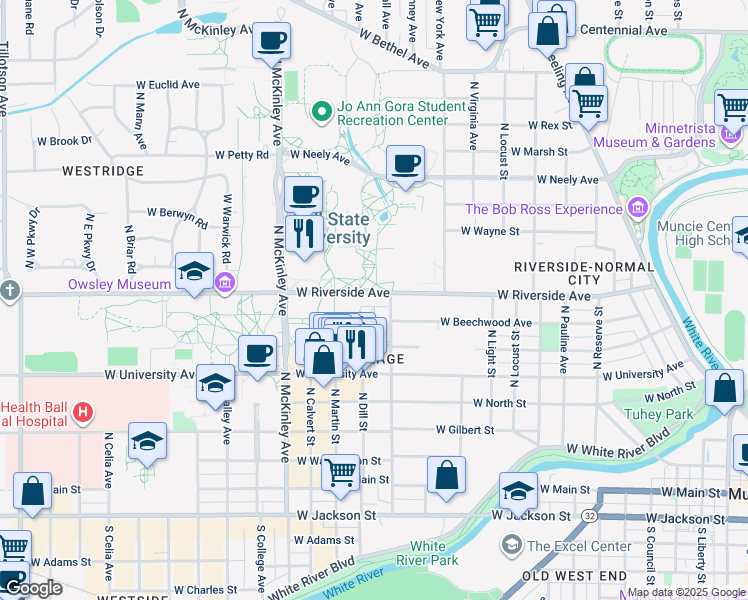 map of restaurants, bars, coffee shops, grocery stores, and more near 1515 West Riverside Avenue in Muncie